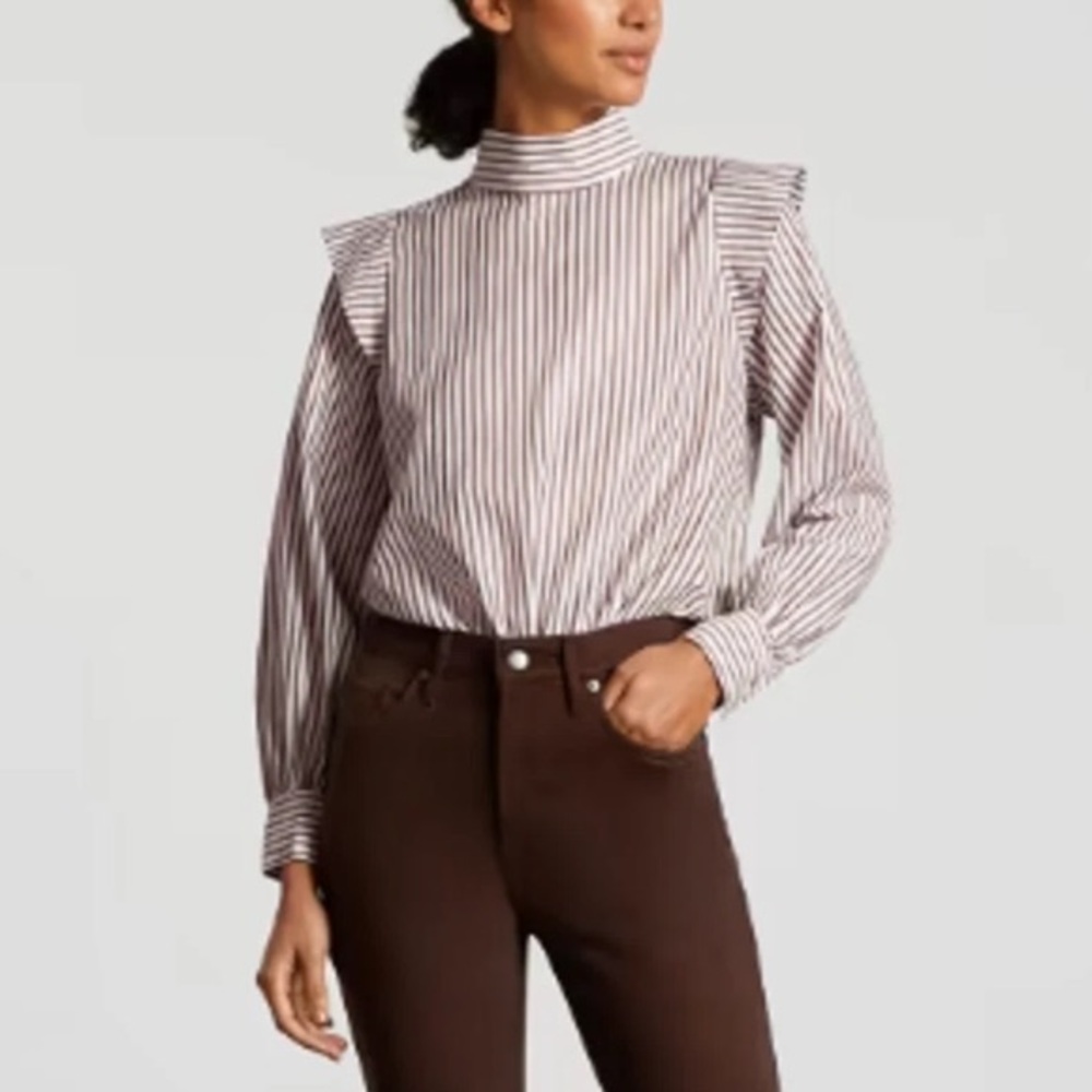 NWT Everlane Wing-Shoulder Mockneck Size 8 Brown White Striped Long Sleeve Top